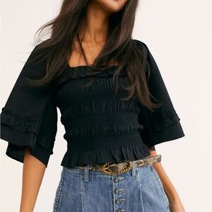 Smocked Square-Neck Puff Sleeve Top - Black Free People